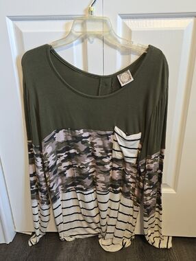 Russell Athletic Olive Green Mixed Camo & Stripe Long Sleeve Top